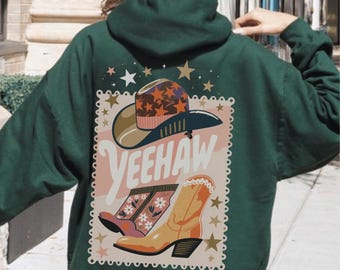 Sudadera con capucha estilo western yeehaw / Sudadera con estampado de botas y sombrero de vaquero vintage