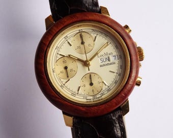 LOCMAN Chronograph valjoux 7750 wood bezel men's watch automatic ref: 2701