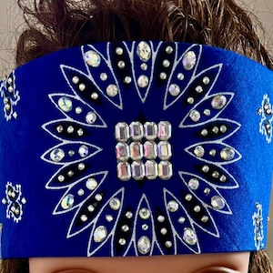 Blue Glass Bandanna for Bikers Bad Hair, Blinged Out Head Cover
