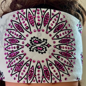 White & Pink Bandanna Sparkling Bursts Bling Headscarf, Women&#39;s Bandana, Bandanna for Bikers Bad Hair, Blinged Out Head Cover