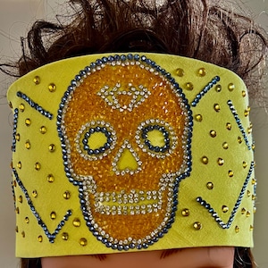 Yellow Skull Rhinestone Bandanna Sparkling Bursts Bling Headscarf, Women&#39;s Bandana, Bandanna for Bikers Bad Hair, Blinged Out Head Cover