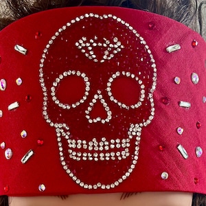 Red Skull Bling Bandanna Sparkling Bursts Bling Headscarf, Women&#39;s Bandana, Bandanna for Bikers Bad Hair, Blinged Out Head Cover