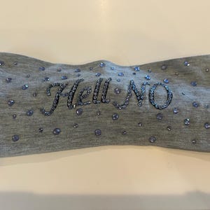 May include: Gray headband with blue rhinestones and the text "Hell No" in black rhinestones.