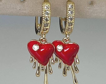 Handmade Rhinestone Heart Huggie Earrings, Fun Drip Earrings