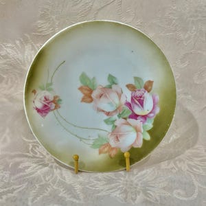 May include: A vintage porcelain plate with a green and white background and a floral design featuring pink and white roses.