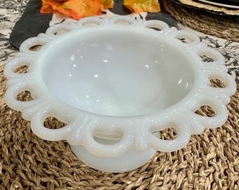 1950’s Anchor Hocking Old Colony Lace Edge Milk Glass Pedestal Compote