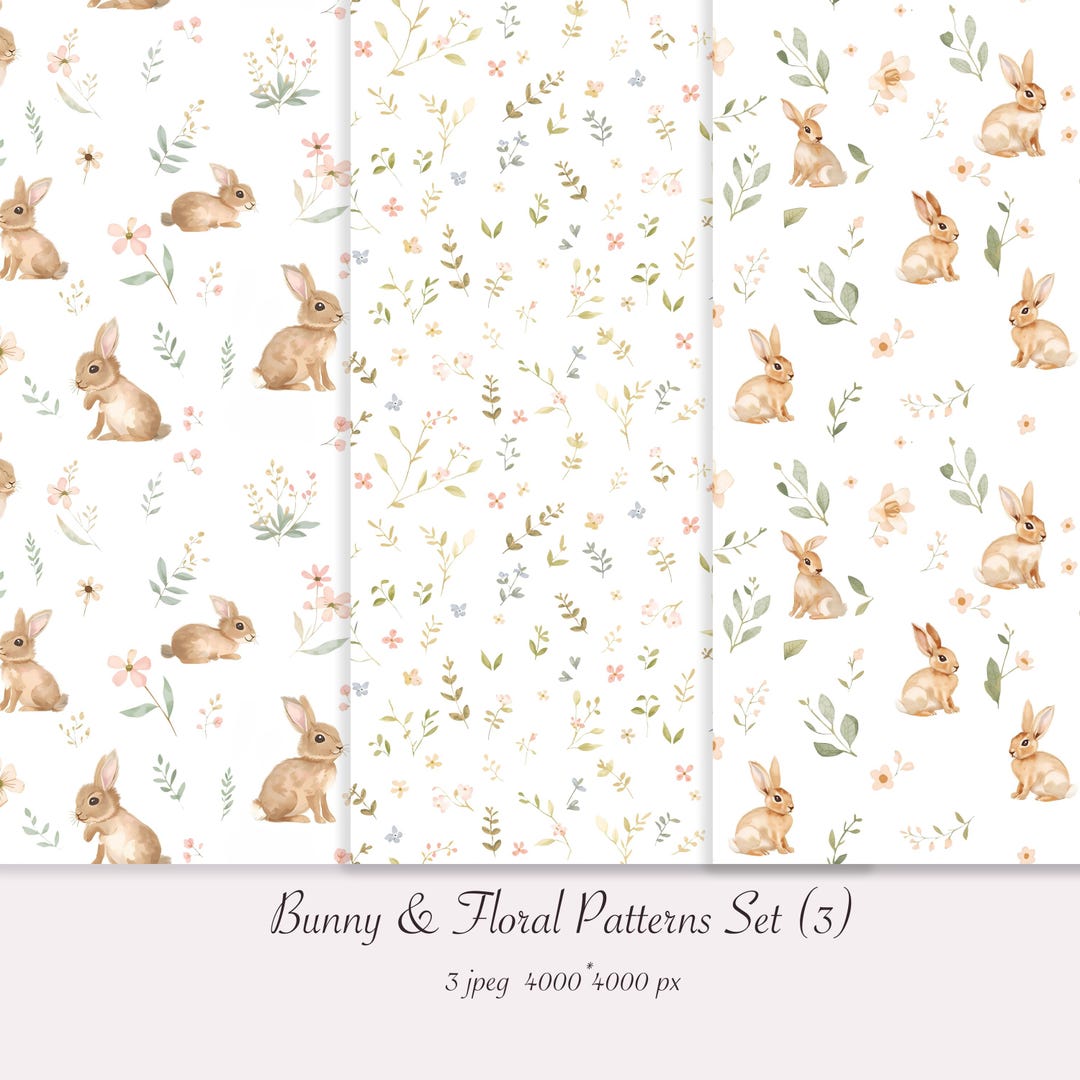 Watercolor Bunny & Floral Seamless Patterns Set, Baby Nursery Digital ...