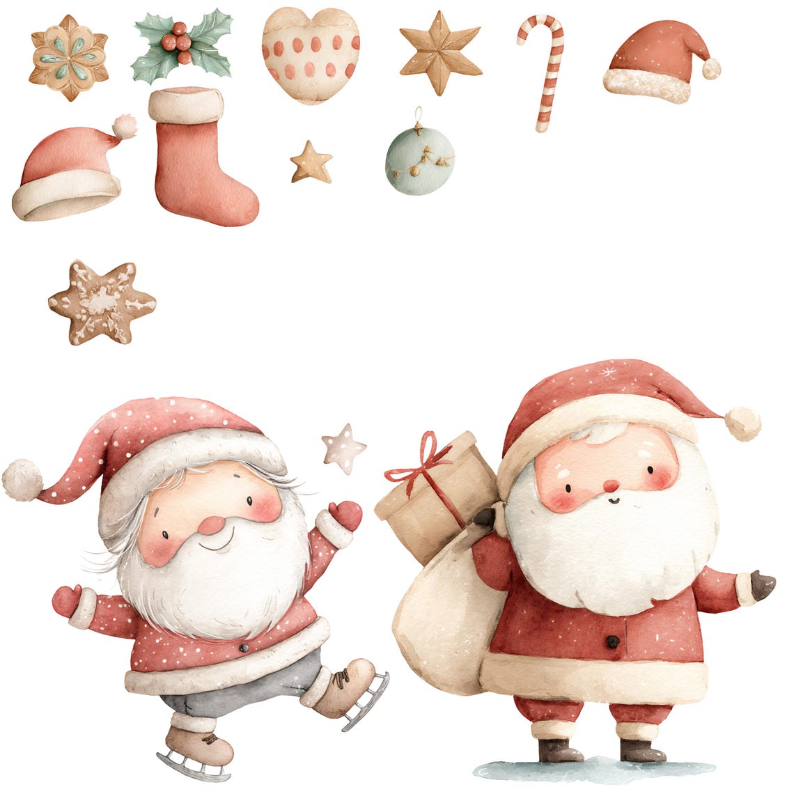 Watercolor Santa Claus Illustrations / Christmas PNG Bundle | 47 PNG ...