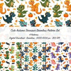Może przedstawiać: Zestaw czterech bezszwowych wzorów z kreskówkowymi dinozaurami, dyniami i jesiennymi liśćmi. Obraz zawiera tekst "Cute Autumn Dinosaur Seamless Pattern Set", "4 Patterns" oraz informacje o pobieraniu cyfrowym.