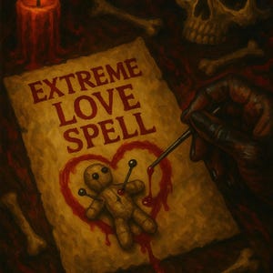 Może przedstawiać: Mroczny obraz przedstawiający pergamin z napisem EXTREME LOVE SPELL czerwonymi literami. Mała beżowa lalka z czarnymi guzikami zamiast oczu jest przypięta wewnątrz narysowanego czerwonego serca. Widoczna jest zapalona czerwona świeca oraz ludzka czaszka.