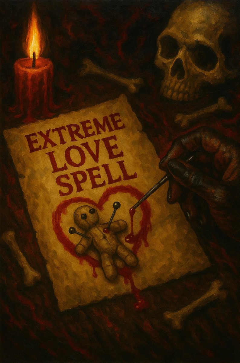May include: A dark painting featuring a parchment paper with the text EXTREME LOVE SPELL in red letters. A small tan doll with black button eyes is pinned inside a red heart drawing. A lit red candle and a human skull are visible in the background.