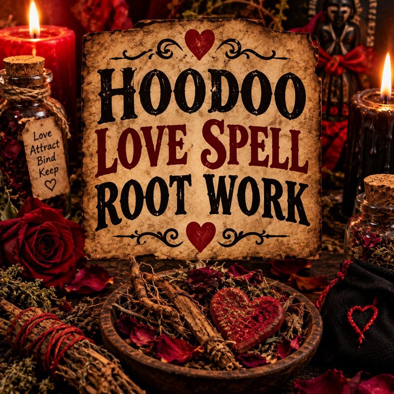 May include: A rectangular sign with burnt edges featuring the text HOODOO LOVE SPELL ROOT WORK in black and red lettering, decorated with red hearts. The sign is surrounded by red roses, a glass bottle with a label, candles, and a wooden bowl.