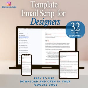 Könnte beinhalten: Ein digitales Vorlagenset mit dem Titel Template Email Script for Designers mit 32 gebrauchsfertigen E-Mails. Die Anzeige zeigt einen Laptop, ein Tablet und ein Smartphone, die jeweils Text in Google Docs zeigen. Der Text enthält Easy to use.