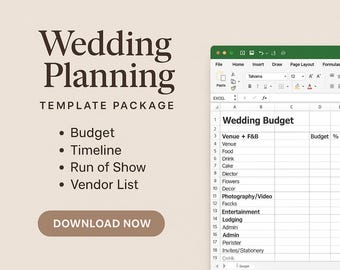 May include: A wedding planning template package with a budget, timeline, run of show, and vendor list. The image includes a spreadsheet labeled "Wedding Budget" with categories like Venue, Food, and Drink. A "Download Now" button is also visible.