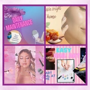May include: A square image with a purple border features four sections with beauty and skincare themes. Text includes "Daily Maintenance", "skin bright home", and "Easy Nail Art". The image shows makeup, skincare ingredients, and nail art supplies.