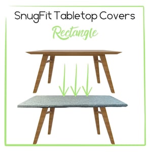 May include: A rectangular table with a light gray tablecloth on top. The table has four wooden legs. The text "Rectangle" is written above the table.