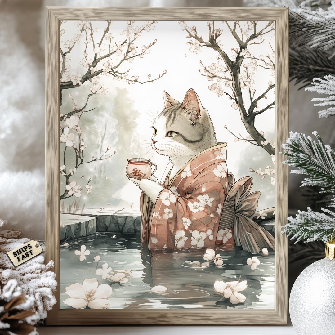 Japanese Kimono Cat Poster Onsen Tea Art Print Aesthetic Zen Wall Decor ...