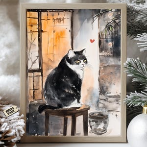 Funny Japanese Cat Poster - Watercolor Art of a Black and White Cat Making a Silly Face in a Traditional Japanese Setting