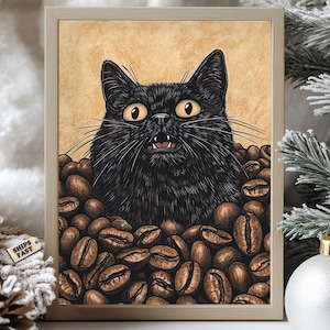 Funny Black Cat Coffee Poster, Caffeine Cat Wall Art, Espresso Bean Print, Quirky Cat Kitchen Decor, Coffee Lover Gift Idea
