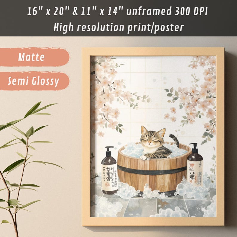 Japanese Cat Bath Poster - Tabby Cat in Wooden Tub With Sakura Blossoms ...
