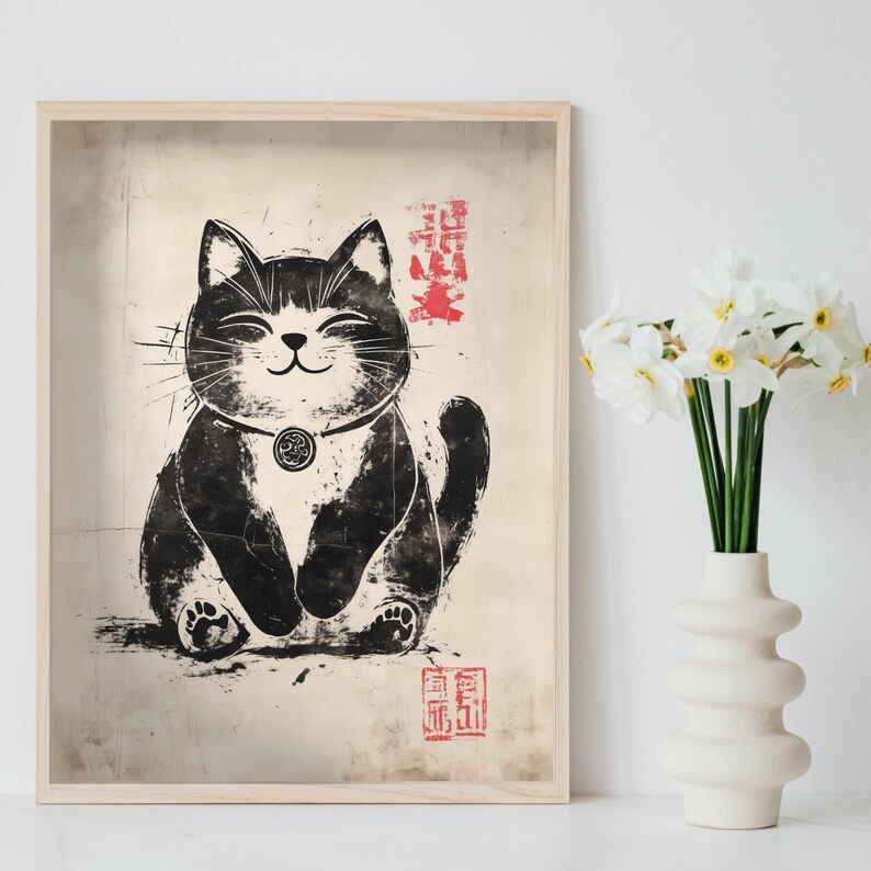 Rustic ink painting of a fortune cat featuring Japanese calligraphy seals on textured parchment.