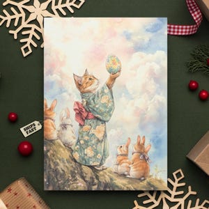 Osterkatzen-Grußkarte - niedliche Kimono-japanische Katze mit Kaninchen, Frühlingsfeiertagskarte, glückliche Ostern-Karte, Katzenliebhaberkarte, Osterhase