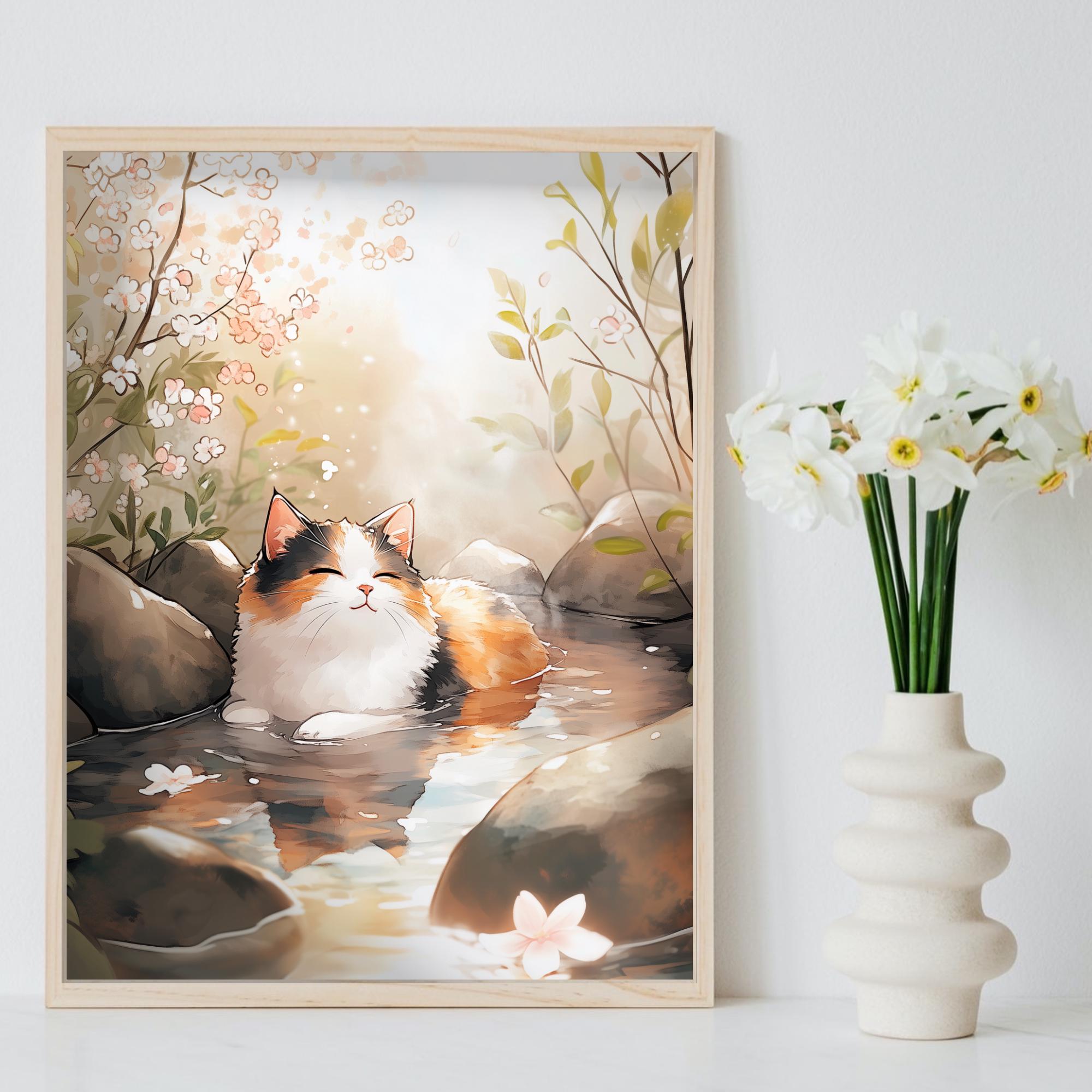 Calico Cat Onsen Poster: Tranquil Japanese Hot Spring Art - Etsy
