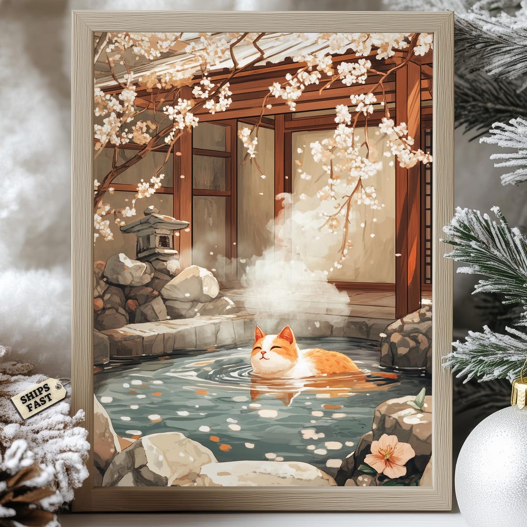 Relaxed Cat in Japanese Onsen Poster, Calico Cat Bath Art, Zen Garden ...