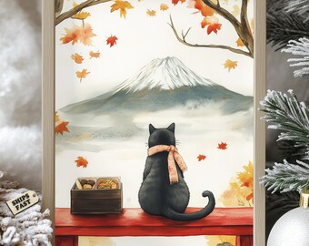 Japanese Cat & Mt. Fuji Poster: Cozy Autumn Landscape Art