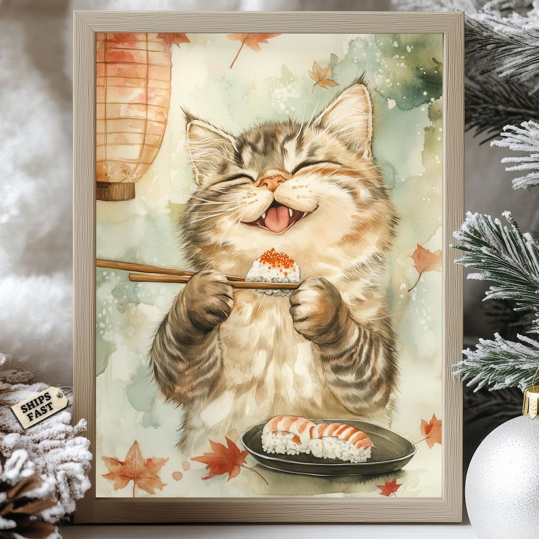 Happy Sushi Cat Poster, Kawaii Japanese Food Art, Cute Tabby Cat Wall ...