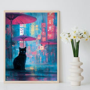 Black cat in neon night city, Japanese cyberpunk poster wall decor.