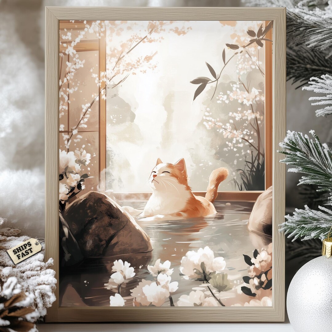 Onsen Cat Print: Tranquil Japanese Hot Spring Art - Etsy