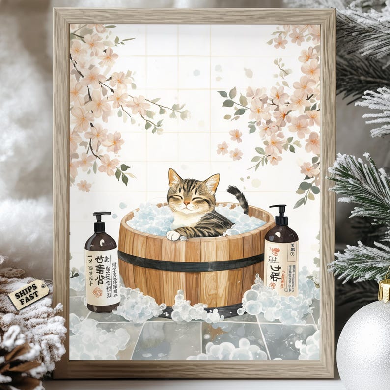 Japanese Cat Bath Poster - Tabby Cat in Wooden Tub With Sakura Blossoms ...