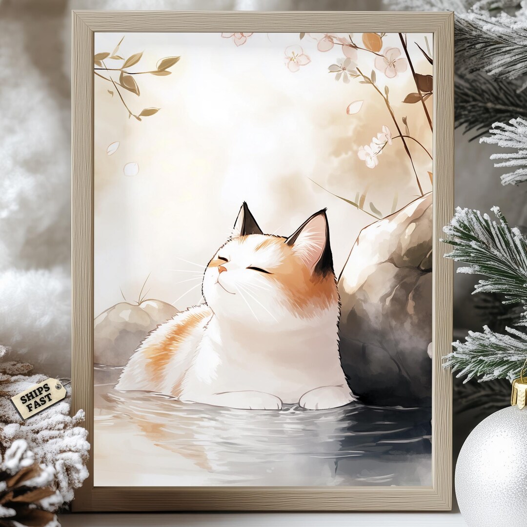Calico Cat Onsen Print: Japanese Zen Wall Art - Etsy