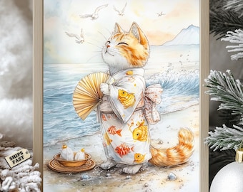 Kimono Cat Beach Print: Japanese Coastal Art