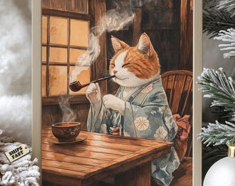 Kunstprint Japanse kat in kimono: grillig theekamerdecor
