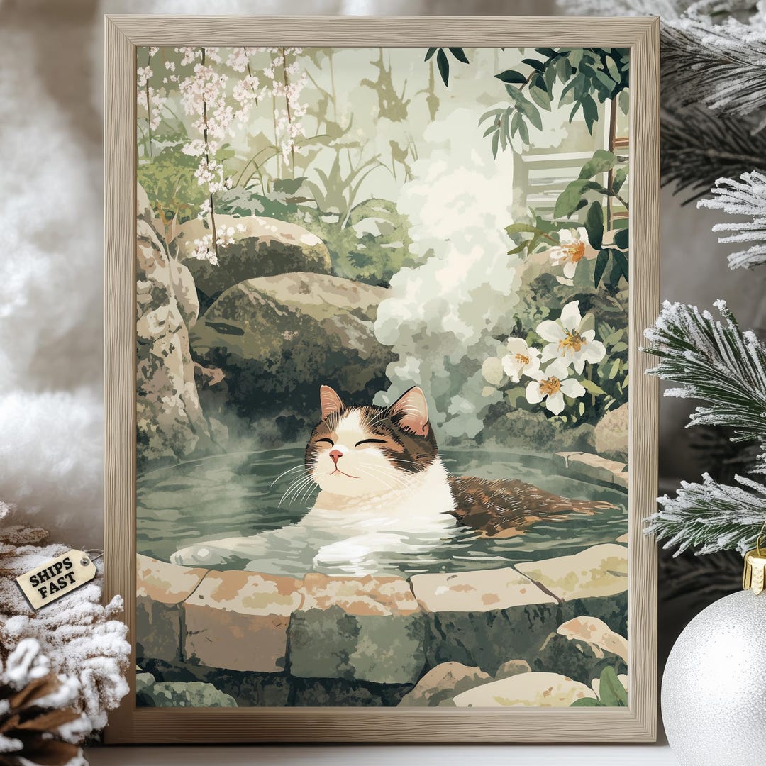 Zen Cat Onsen Print: Japanese Garden Watercolor Art - Etsy