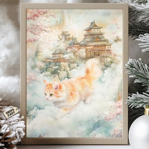 Fantasy Kitten in the Clouds Poster, Dreamy Japanese Castle Cat Art, Sakura Sky Wall Poster, Whimsical Cute Cat Print for Home Decor