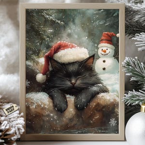 Christmas Black Cat Poster, Cozy Winter Snow Scene Art, Sleeping Cat with Santa Hat, Holiday Wall Decor, Snowman Christmas Print