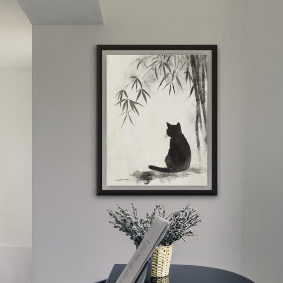 日本の黒猫の墨絵：禅風アジアンウォールアート - Etsy 日本
