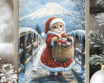サンタキャットのクリスマスポスター：日本の冬の富士山アート - Etsy 日本
