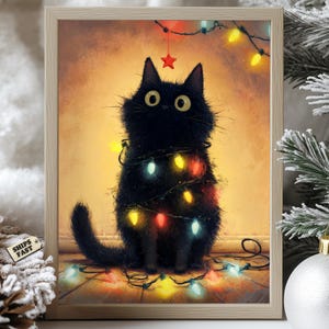 Divertido póster de decoración navideña con luces de gato negro, póster de decoración de invierno