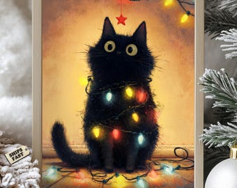 Funny Black Cat Christmas Lights Art, Winter Holiday Decor Poster