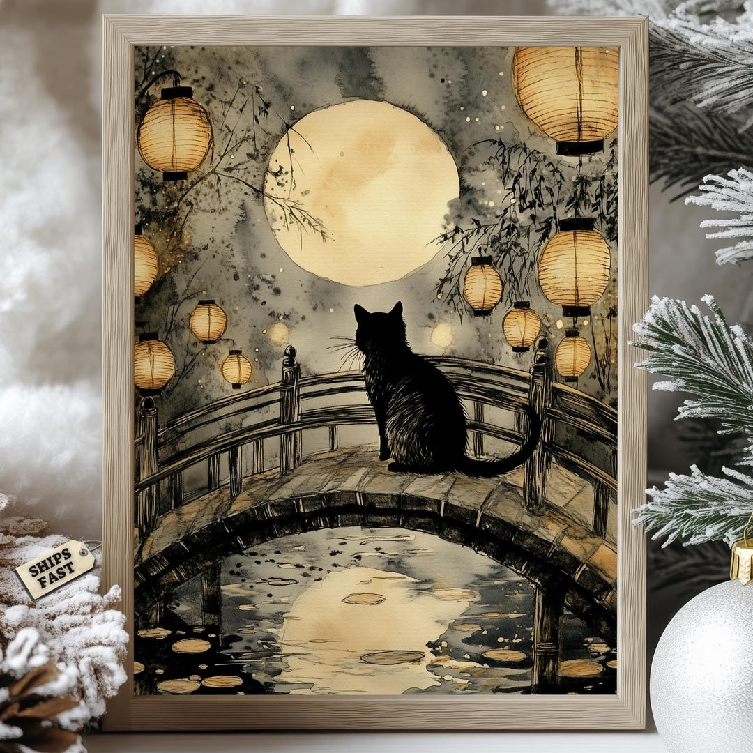 Black Cat Lantern Poster: Japanese Zen Art Print - Etsy