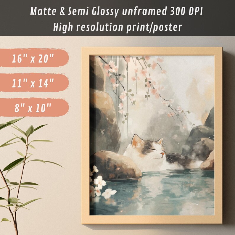 Japanese Onsen Cat Art Print: Tranquil Sakura Spa Poster - Etsy
