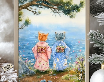Japanese Kimono Cats Poster: Romantic Ocean View Art Print