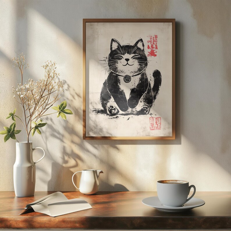Hand-drawn Zen-inspired print of a smiling cat in minimalist brush style, symbolizing good luck.