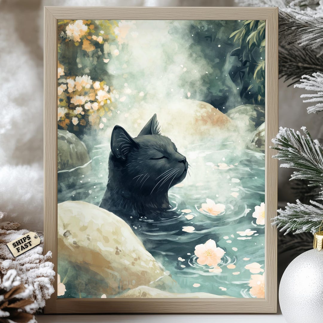 Onsen Black Cat Art Print: Japanese Zen Spa Decor - Etsy