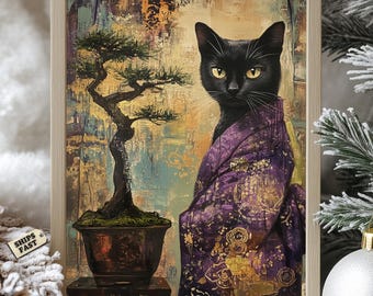 Japanese Kimono Cat Poster: Elegant Watercolor Wall Art