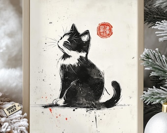 日本の猫のアートプリント：墨絵水墨画「猫」 - 3枚セット - Etsy 日本